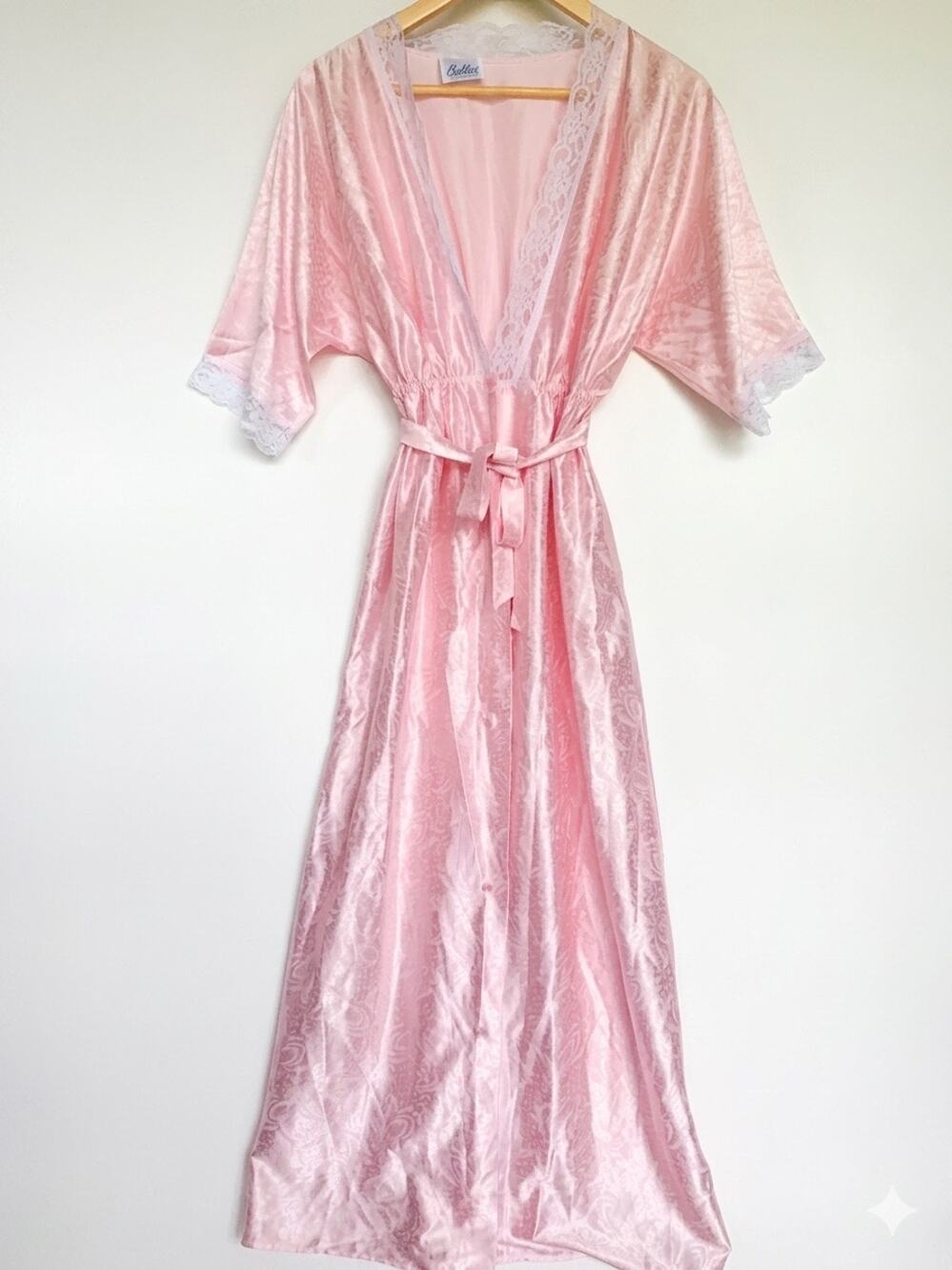 Ballet Pink Satin Lace Peignoir Robe Gown Medium Vintage Long Nightgown Coquette